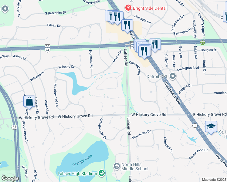 map of restaurants, bars, coffee shops, grocery stores, and more near 174 Timber Trace Lane in Bloomfield Township