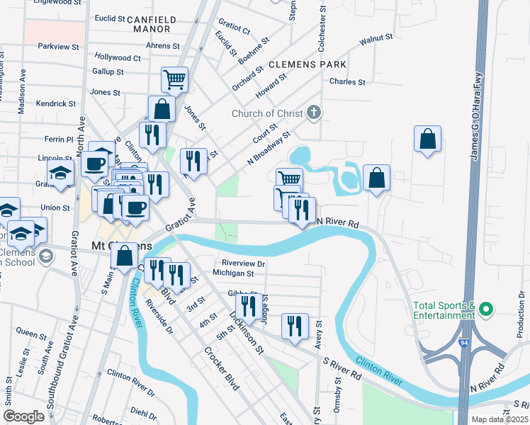 map of restaurants, bars, coffee shops, grocery stores, and more near 125 North River Road in Mount Clemens