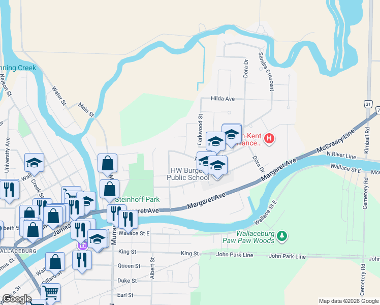 map of restaurants, bars, coffee shops, grocery stores, and more near 160 Thomas Avenue in Wallaceburg