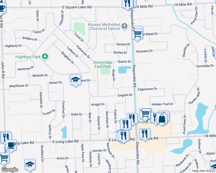 map of restaurants, bars, coffee shops, grocery stores, and more near 2808 Santia Road in Troy