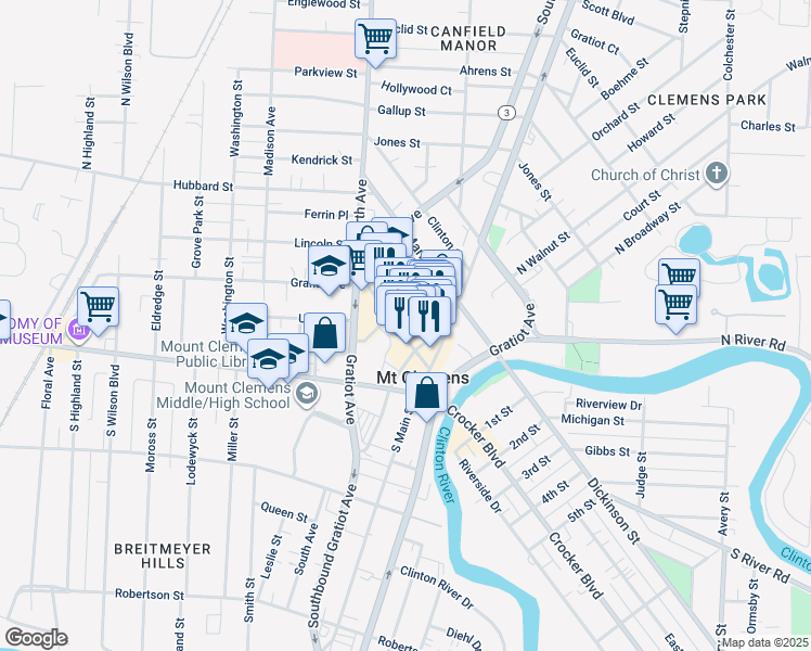 map of restaurants, bars, coffee shops, grocery stores, and more near 61 North Walnut Street in Mount Clemens