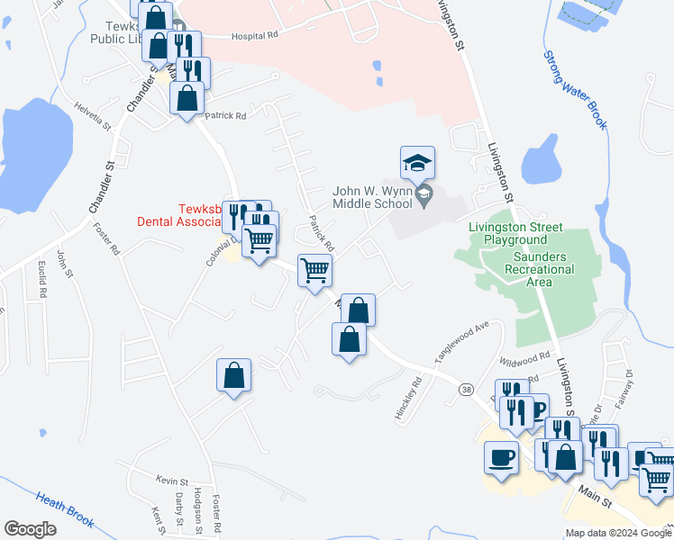 map of restaurants, bars, coffee shops, grocery stores, and more near 1574 Massachusetts 38 in Tewksbury