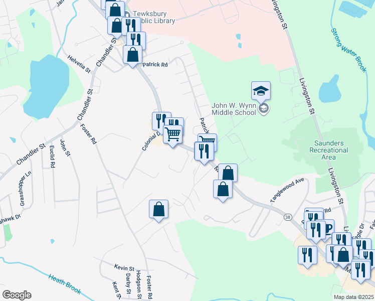map of restaurants, bars, coffee shops, grocery stores, and more near 1501 Main Street in Tewksbury