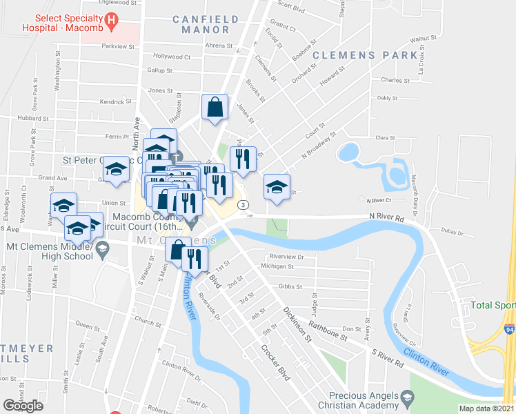 map of restaurants, bars, coffee shops, grocery stores, and more near 1 North River Road in Mount Clemens
