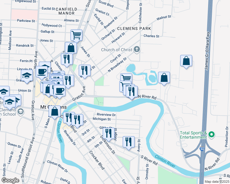 map of restaurants, bars, coffee shops, grocery stores, and more near 125 North River Road in Mount Clemens