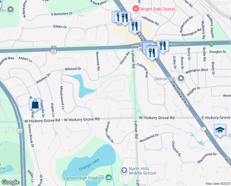 map of restaurants, bars, coffee shops, grocery stores, and more near 174 Timber Trace Lane in Bloomfield Township