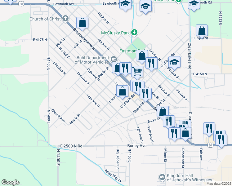 map of restaurants, bars, coffee shops, grocery stores, and more near 120 12th Avenue North in Buhl
