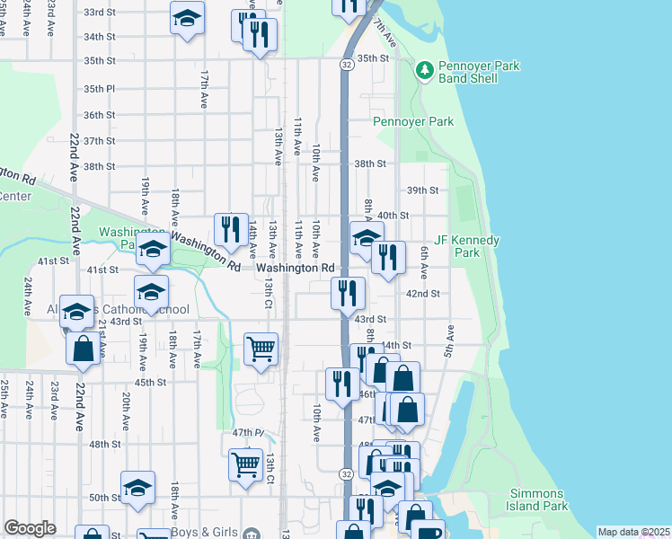 map of restaurants, bars, coffee shops, grocery stores, and more near 911 Washington Road in Kenosha