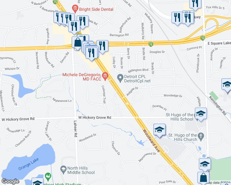map of restaurants, bars, coffee shops, grocery stores, and more near 42341 Woodward Avenue in Bloomfield Township