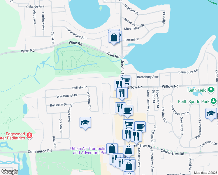 map of restaurants, bars, coffee shops, grocery stores, and more near 2551 Grove Circle in Oakland County