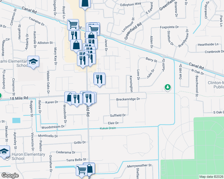 map of restaurants, bars, coffee shops, grocery stores, and more near 17247 Breckenridge Drive in Clinton Township