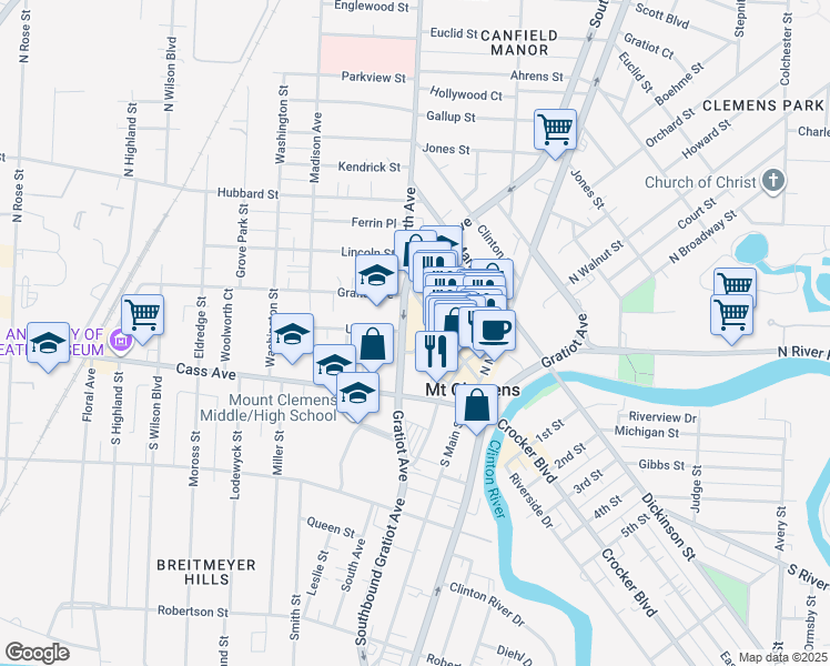 map of restaurants, bars, coffee shops, grocery stores, and more near in Mount Clemens