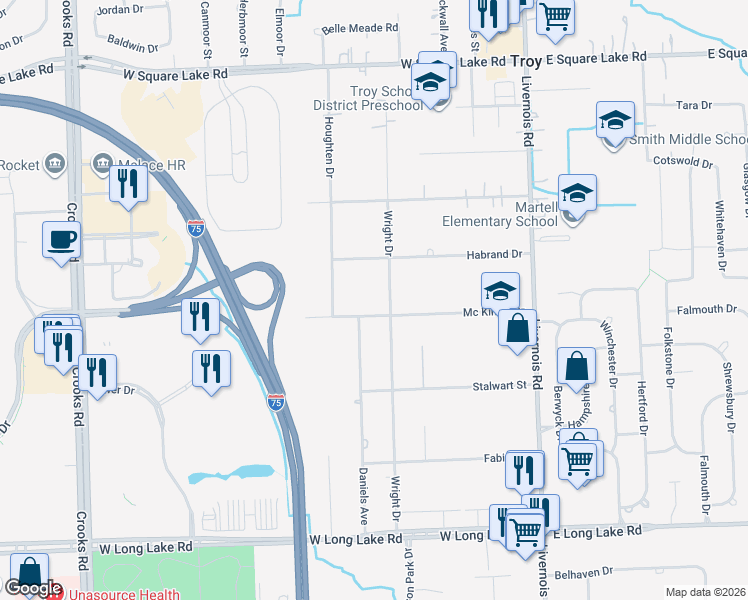map of restaurants, bars, coffee shops, grocery stores, and more near 370 Mc Kinley Drive in Troy