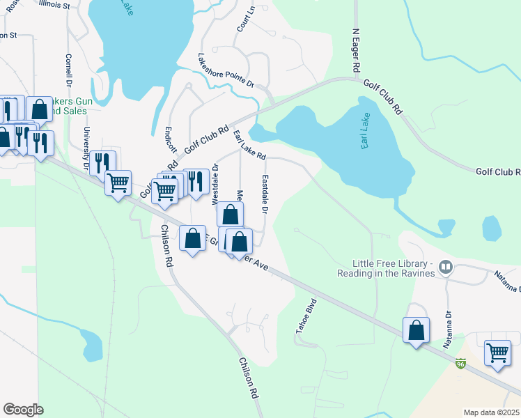map of restaurants, bars, coffee shops, grocery stores, and more near 190 Eastdale Drive in Howell