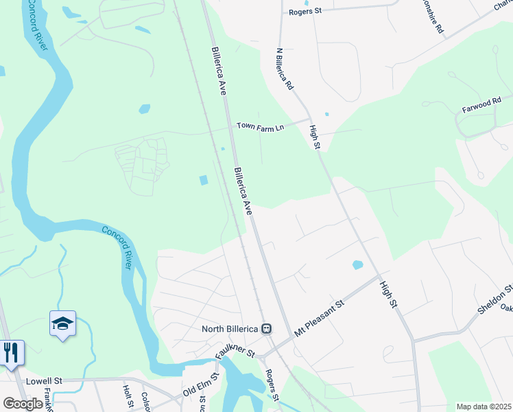 map of restaurants, bars, coffee shops, grocery stores, and more near 57 Billerica Avenue in Billerica