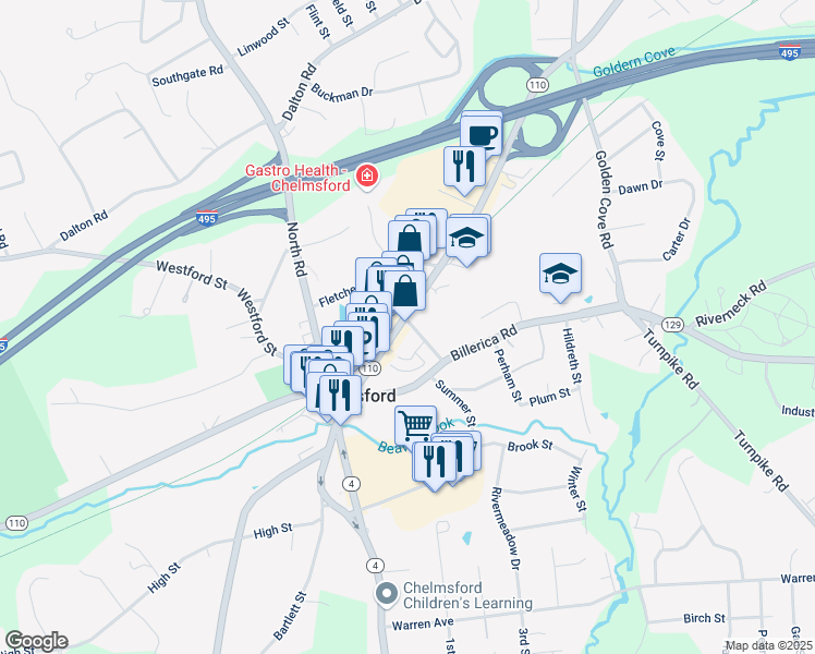 map of restaurants, bars, coffee shops, grocery stores, and more near 11 Wilson Street in Chelmsford
