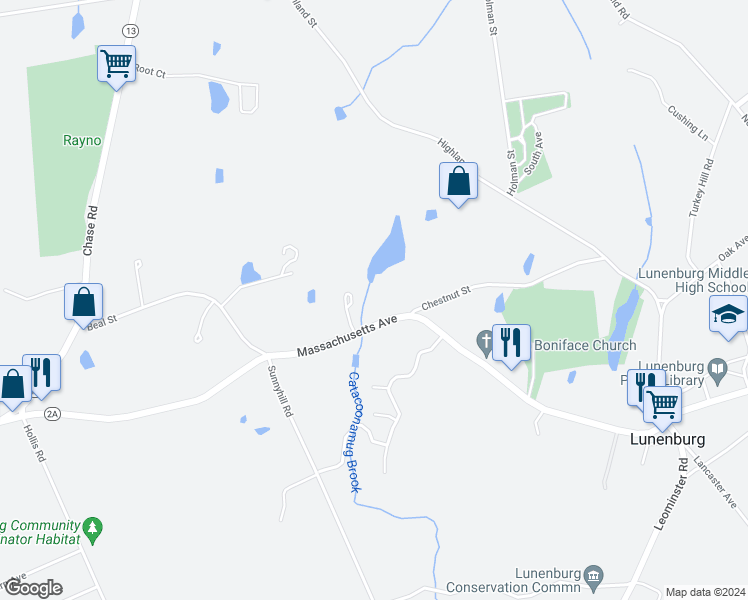 map of restaurants, bars, coffee shops, grocery stores, and more near 697 Massachusetts Avenue in Lunenburg