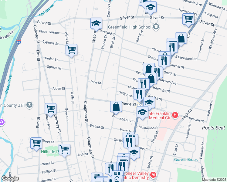 map of restaurants, bars, coffee shops, grocery stores, and more near 251 Davis Street in Greenfield