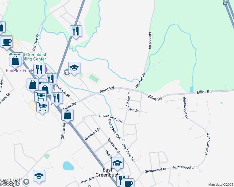 map of restaurants, bars, coffee shops, grocery stores, and more near 90 Elliot Road in East Greenbush