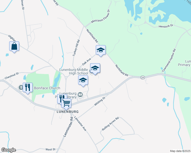 map of restaurants, bars, coffee shops, grocery stores, and more near 1079 Massachusetts Avenue in Lunenburg