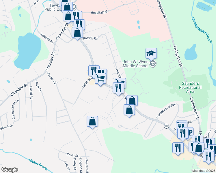 map of restaurants, bars, coffee shops, grocery stores, and more near 1501 Main Street in Tewksbury