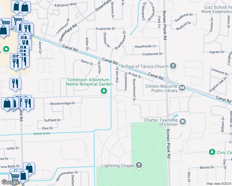 map of restaurants, bars, coffee shops, grocery stores, and more near 41153 Oak Hill Drive in Charter Township of Clinton