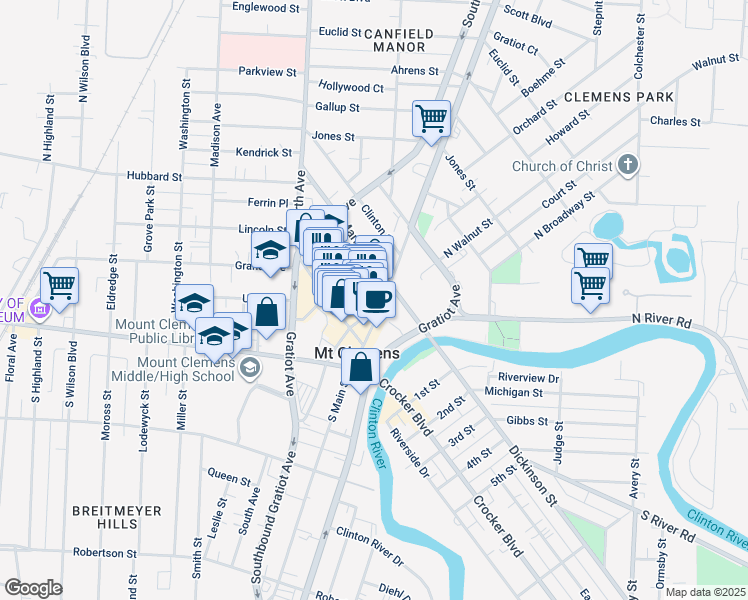 map of restaurants, bars, coffee shops, grocery stores, and more near 61 North Walnut Street in Mount Clemens