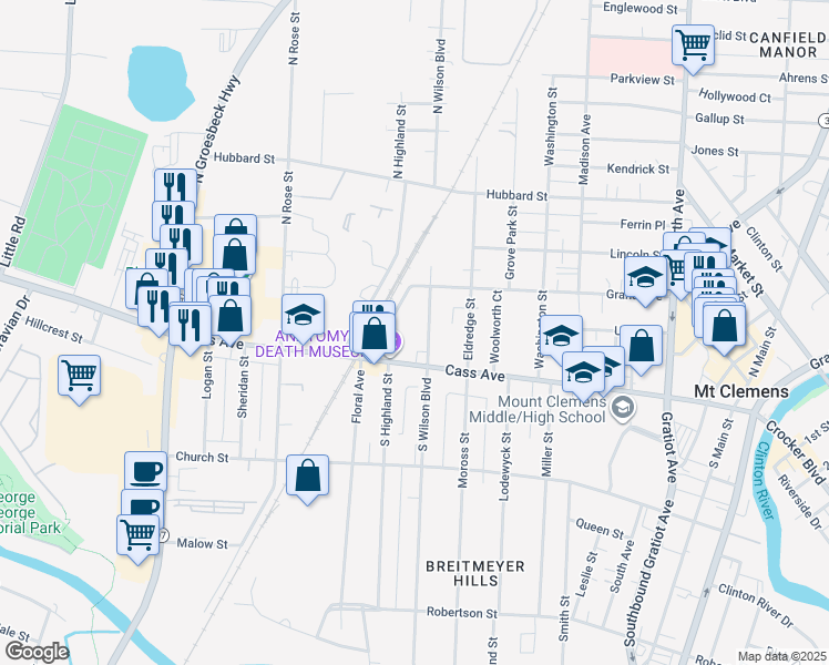 map of restaurants, bars, coffee shops, grocery stores, and more near 13 North Wilson Boulevard in Mount Clemens