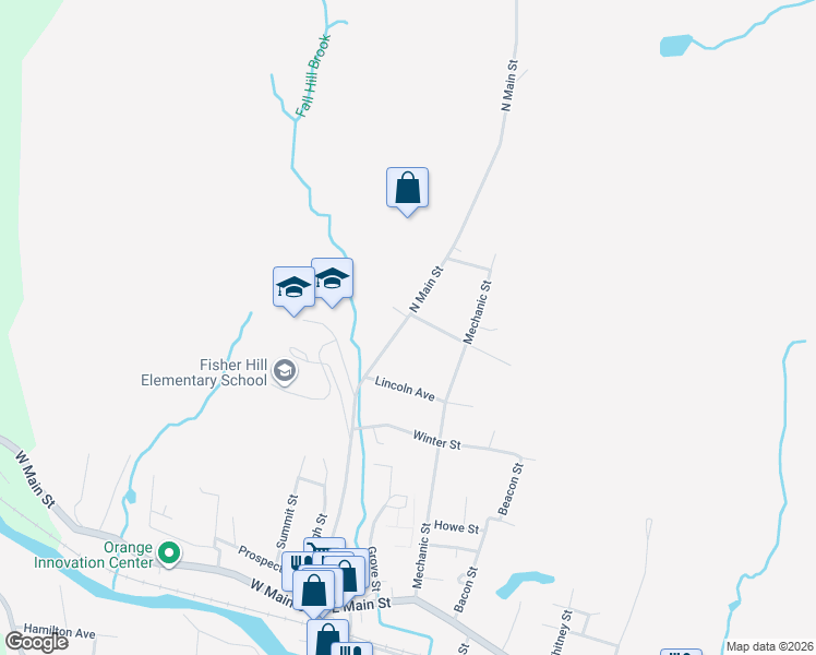 map of restaurants, bars, coffee shops, grocery stores, and more near 244 North Main Street in Orange