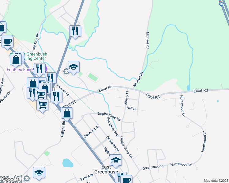 map of restaurants, bars, coffee shops, grocery stores, and more near 90 Elliot Road in East Greenbush
