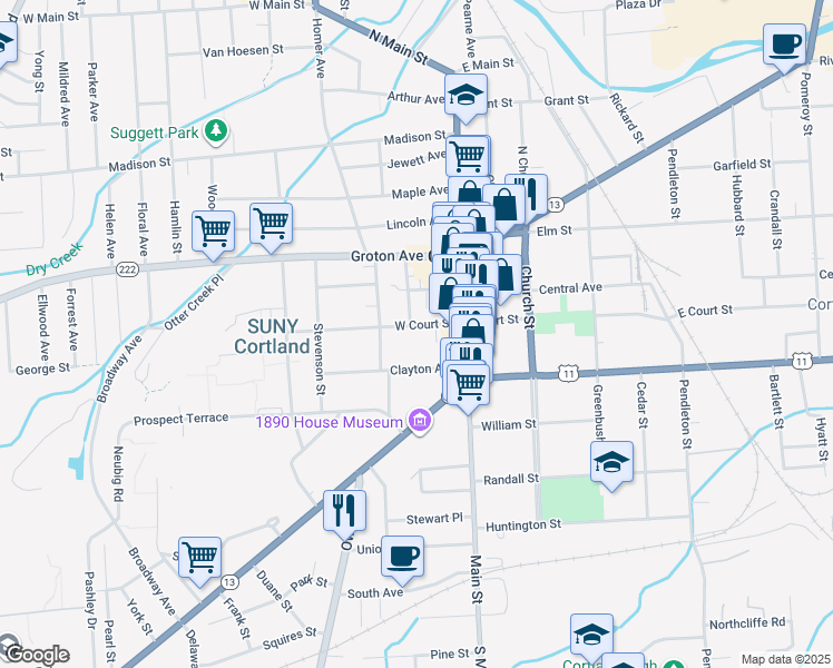 map of restaurants, bars, coffee shops, grocery stores, and more near 21 West Court Street in Cortland