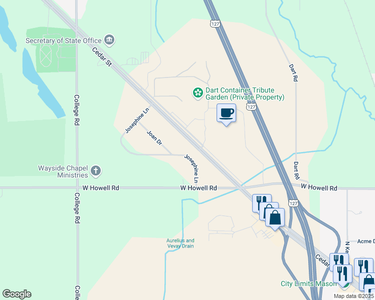 map of restaurants, bars, coffee shops, grocery stores, and more near 3687 Josephine Lane in Mason