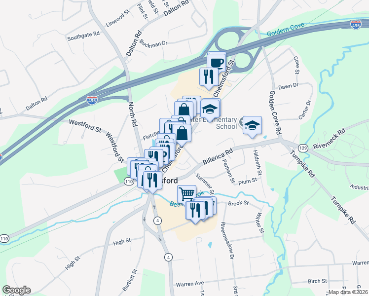 map of restaurants, bars, coffee shops, grocery stores, and more near 5 Wilson Street in Chelmsford