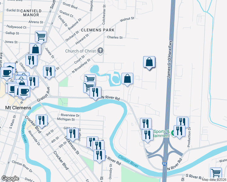 map of restaurants, bars, coffee shops, grocery stores, and more near 176 North River Court in Mount Clemens