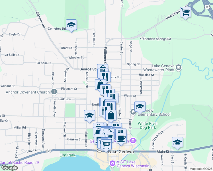 map of restaurants, bars, coffee shops, grocery stores, and more near 719 Williams Street in Lake Geneva