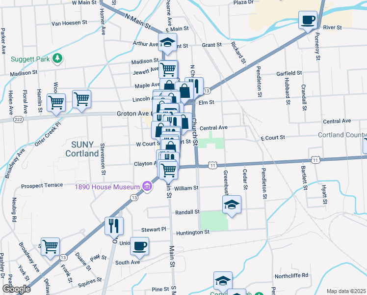 map of restaurants, bars, coffee shops, grocery stores, and more near 21 Court Street in Cortland