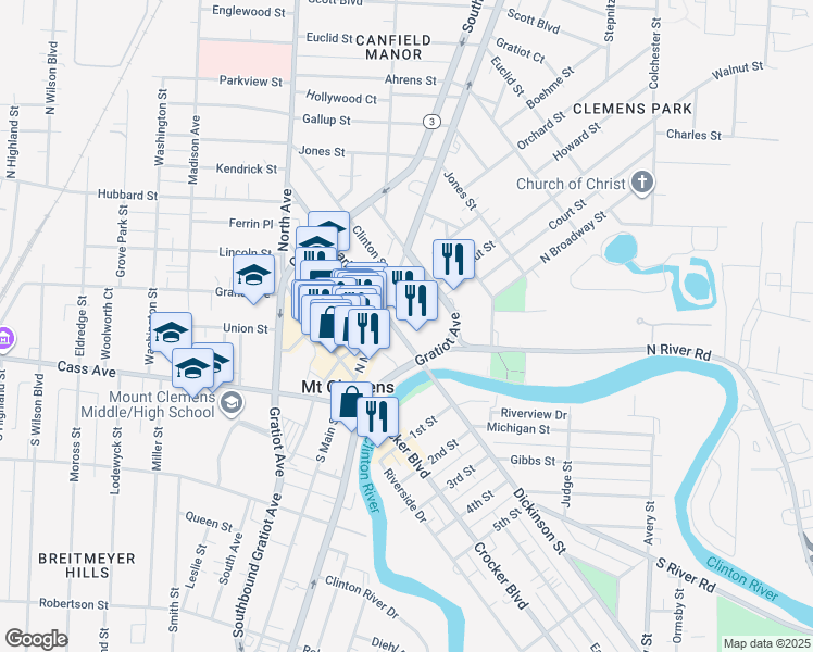 map of restaurants, bars, coffee shops, grocery stores, and more near 12 Market Street in Mount Clemens