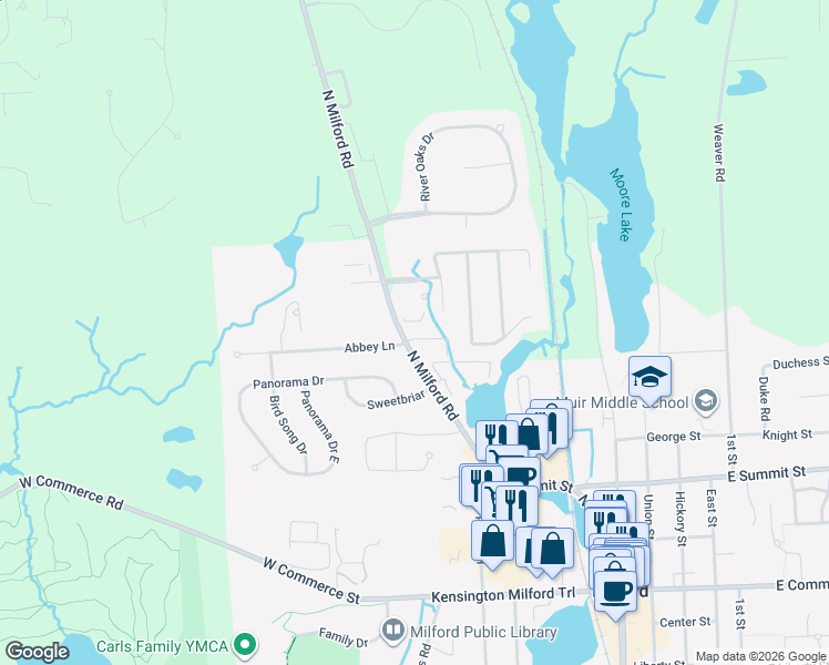 map of restaurants, bars, coffee shops, grocery stores, and more near 701 Abbey Lane in Milford Charter Township
