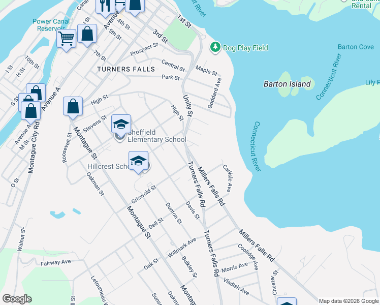 map of restaurants, bars, coffee shops, grocery stores, and more near 0 Millers Falls Road in Montague