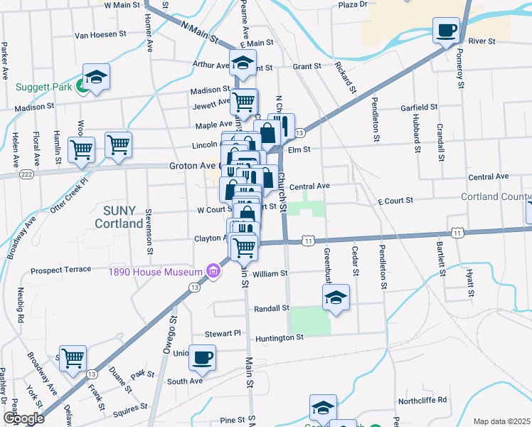 map of restaurants, bars, coffee shops, grocery stores, and more near 21 Court Street in Cortland