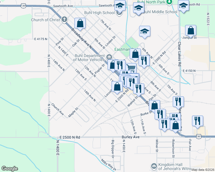 map of restaurants, bars, coffee shops, grocery stores, and more near 209 12th Avenue North in Buhl