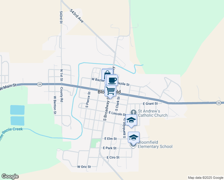 map of restaurants, bars, coffee shops, grocery stores, and more near 108 North Broadway in Bloomfield