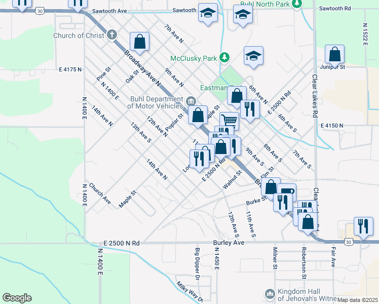 map of restaurants, bars, coffee shops, grocery stores, and more near 209 12th Avenue North in Buhl
