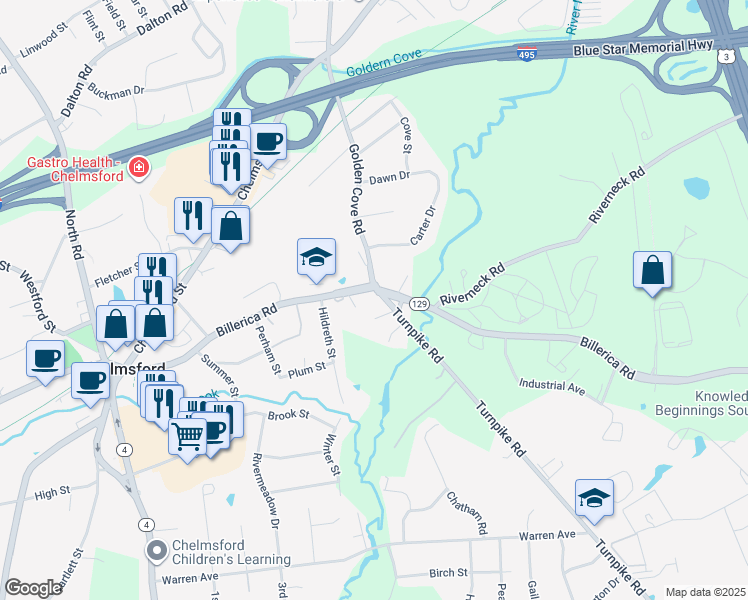 map of restaurants, bars, coffee shops, grocery stores, and more near 9 Turnpike Road in Chelmsford