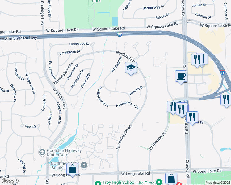 map of restaurants, bars, coffee shops, grocery stores, and more near 5555 Whitfield Court in Troy