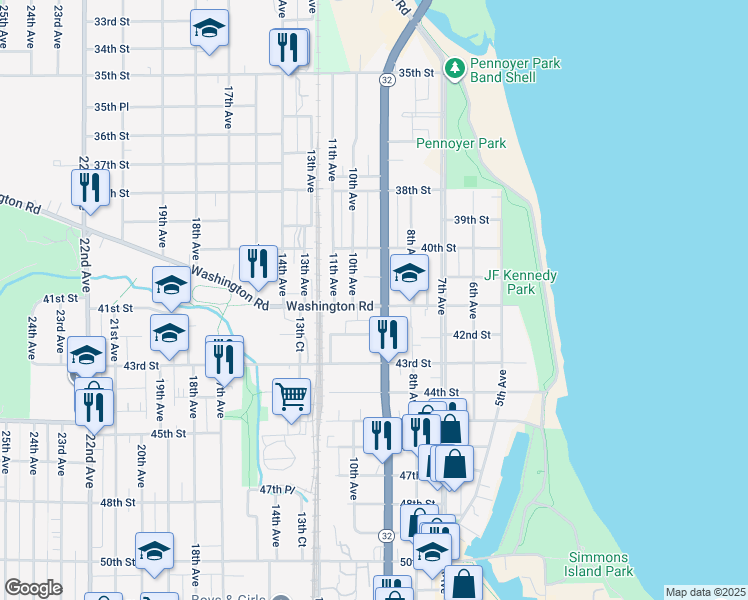 map of restaurants, bars, coffee shops, grocery stores, and more near 4112 Sheridan Road in Kenosha