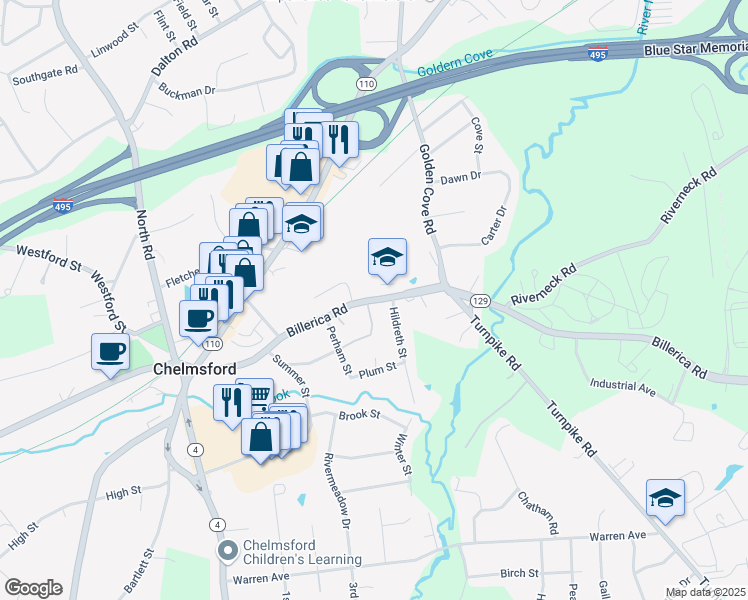 map of restaurants, bars, coffee shops, grocery stores, and more near 84 Billerica Road in Chelmsford
