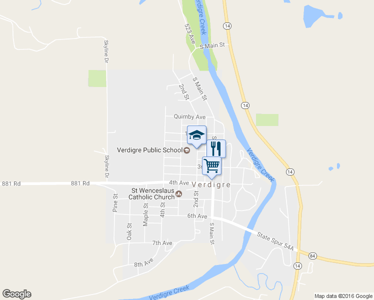 map of restaurants, bars, coffee shops, grocery stores, and more near 298 3rd Avenue in Verdigre
