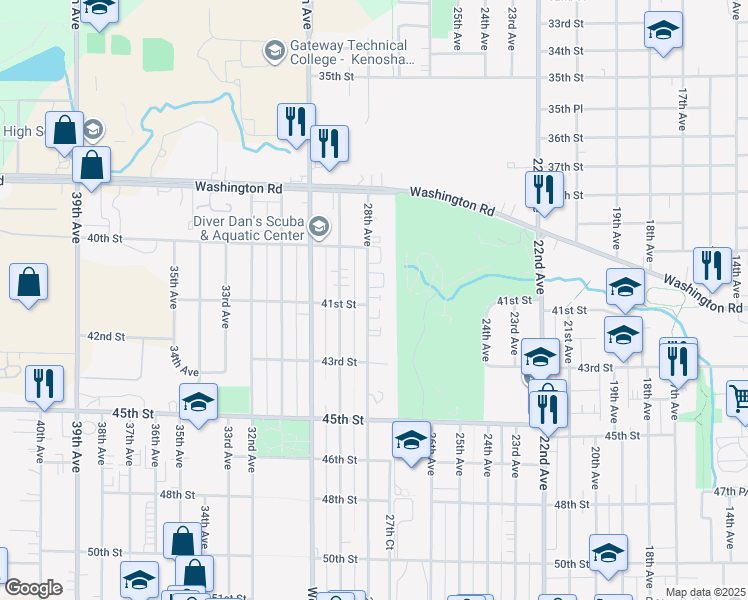 map of restaurants, bars, coffee shops, grocery stores, and more near 4057 28th Avenue in Kenosha