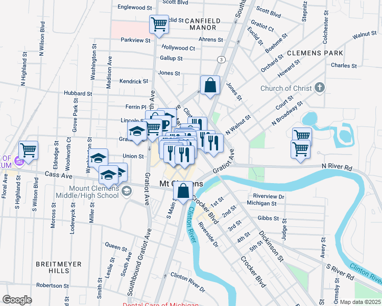 map of restaurants, bars, coffee shops, grocery stores, and more near 50 North Main Street in Mount Clemens